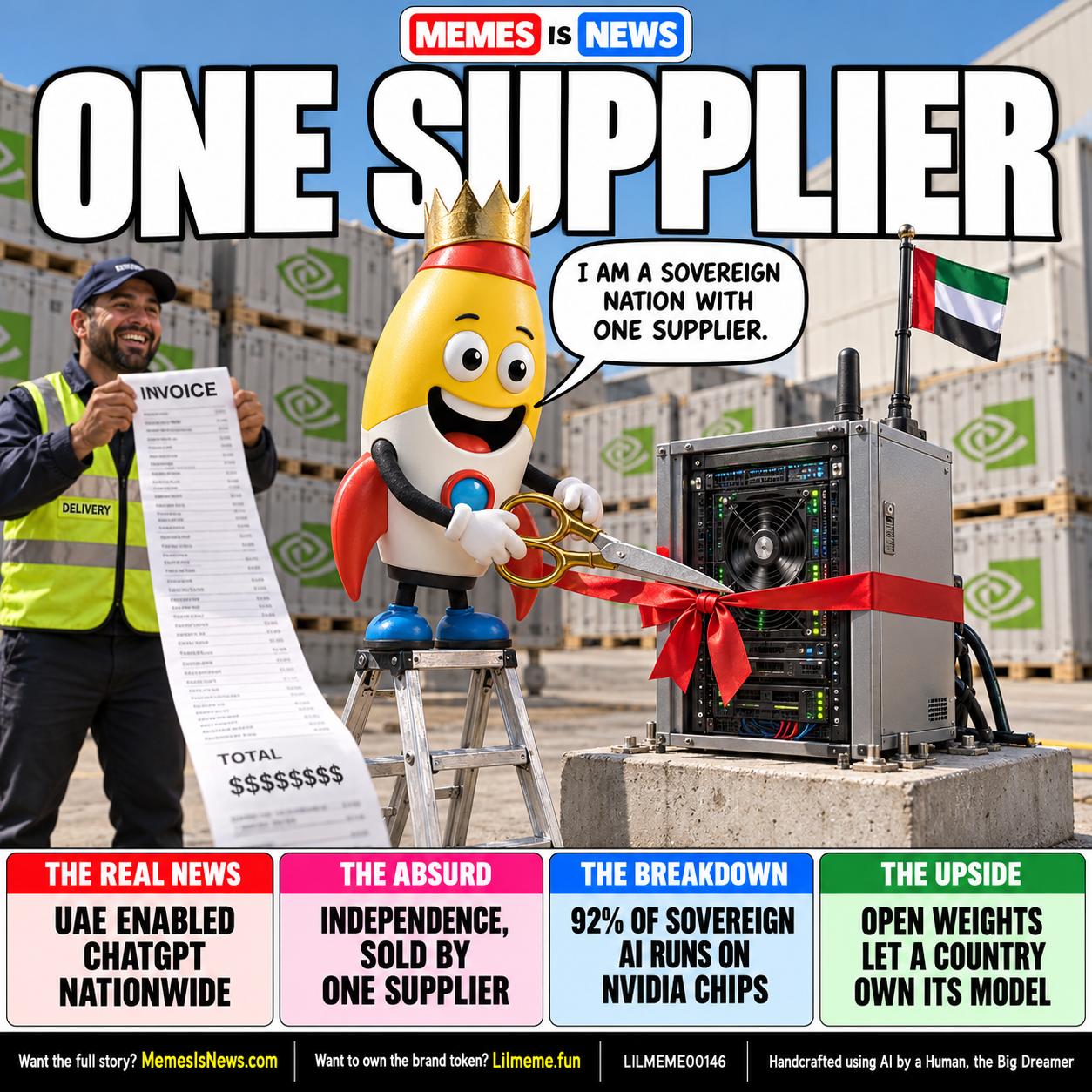 Memes Is News card LILMEME00146: ONE SUPPLIER Lil'meme says: I AM A SOVEREIGN NATION WITH ONE SUPPLIER.
