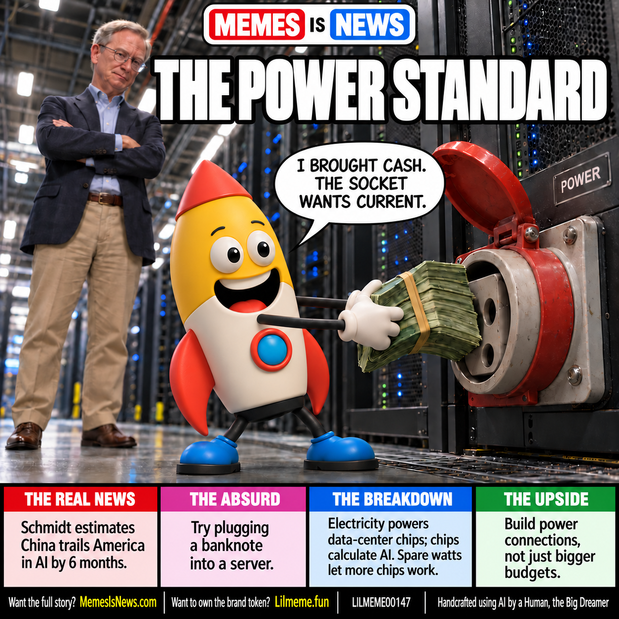 Memes Is News card LILMEME00147: THE POWER STANDARD Lil'meme says: I BROUGHT CASH. THE SOCKET WANTS CURRENT.