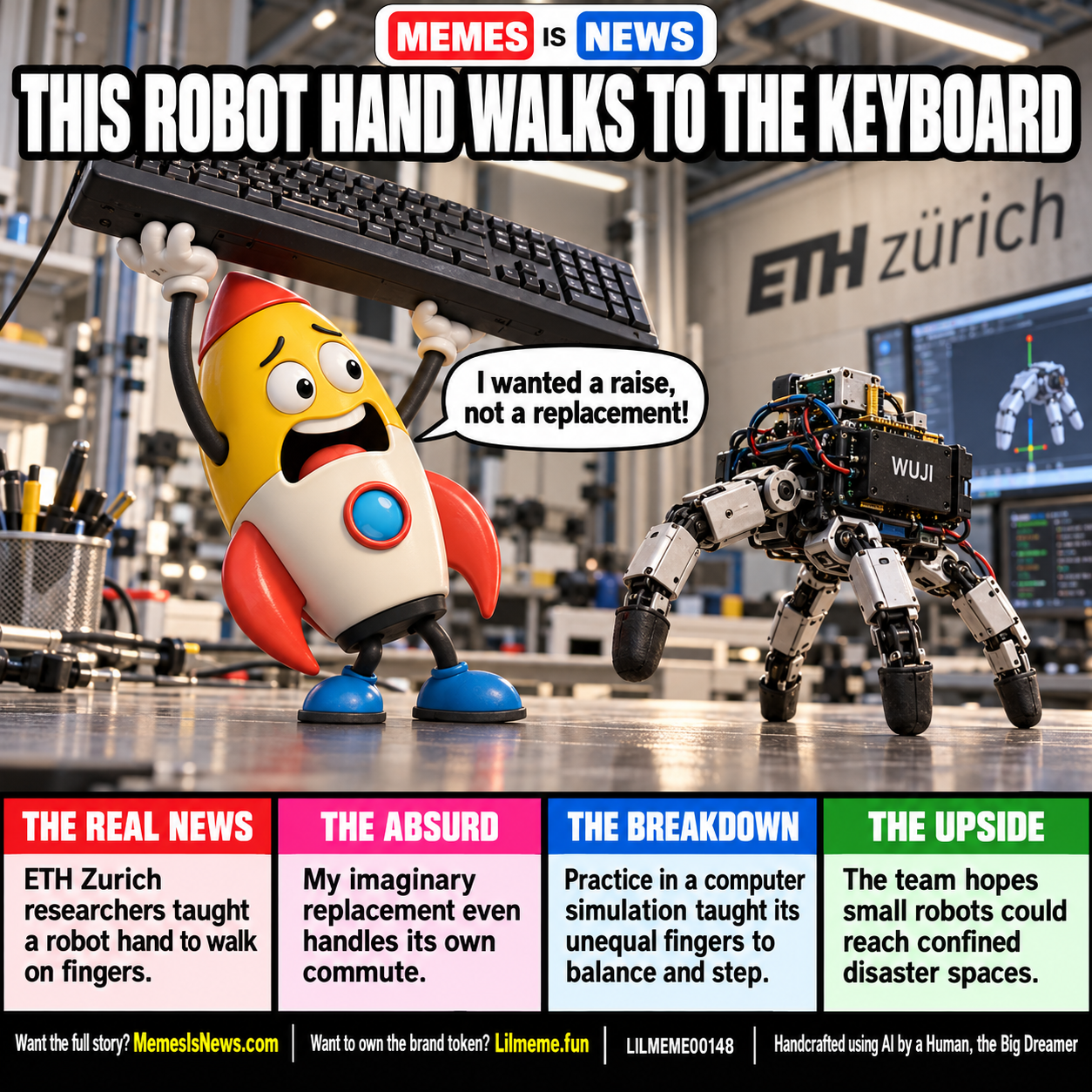 Memes Is News card LILMEME00148: THIS ROBOT HAND WALKS TO THE KEYBOARD Lil'meme says: I wanted a raise, not a replacement!