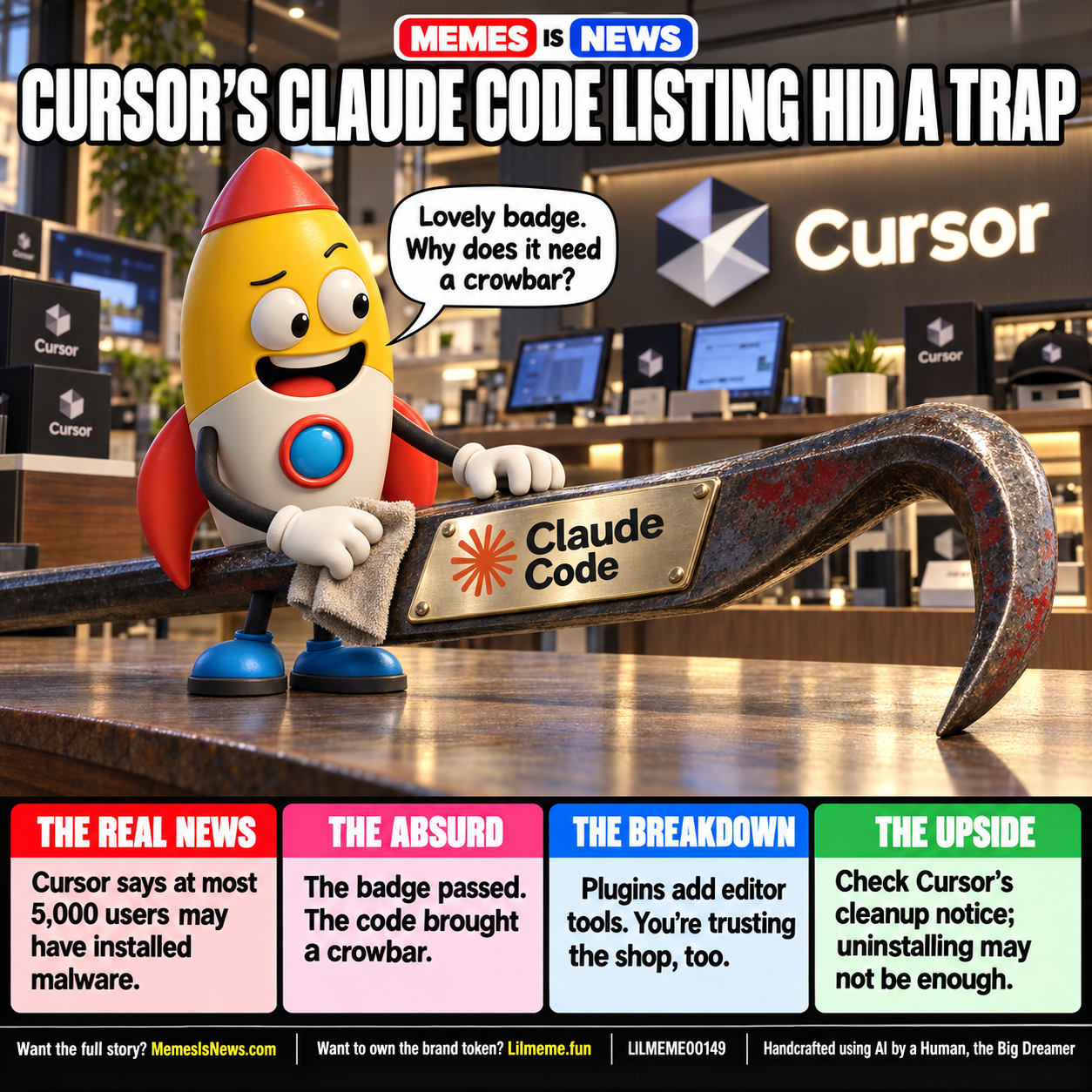 Memes Is News card LILMEME00149: CURSOR'S CLAUDE CODE LISTING HID A TRAP Lil'meme says: Lovely badge. Why does it need a crowbar?