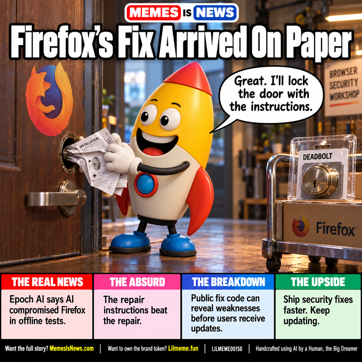Memes Is News card LILMEME00150: Firefox's Fix Arrived On Paper Lil'meme says: Great. I'll lock the door with the instructions.