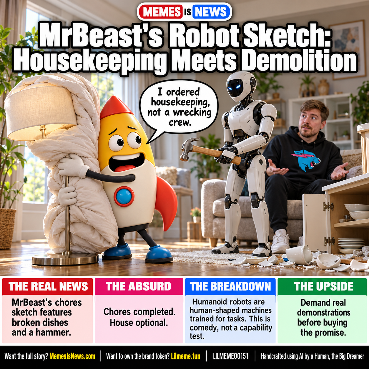Memes Is News card LILMEME00151: MrBeast's Robot Sketch: Housekeeping Meets Demolition Lil'meme says: I ordered housekeeping, not a wrecking crew.