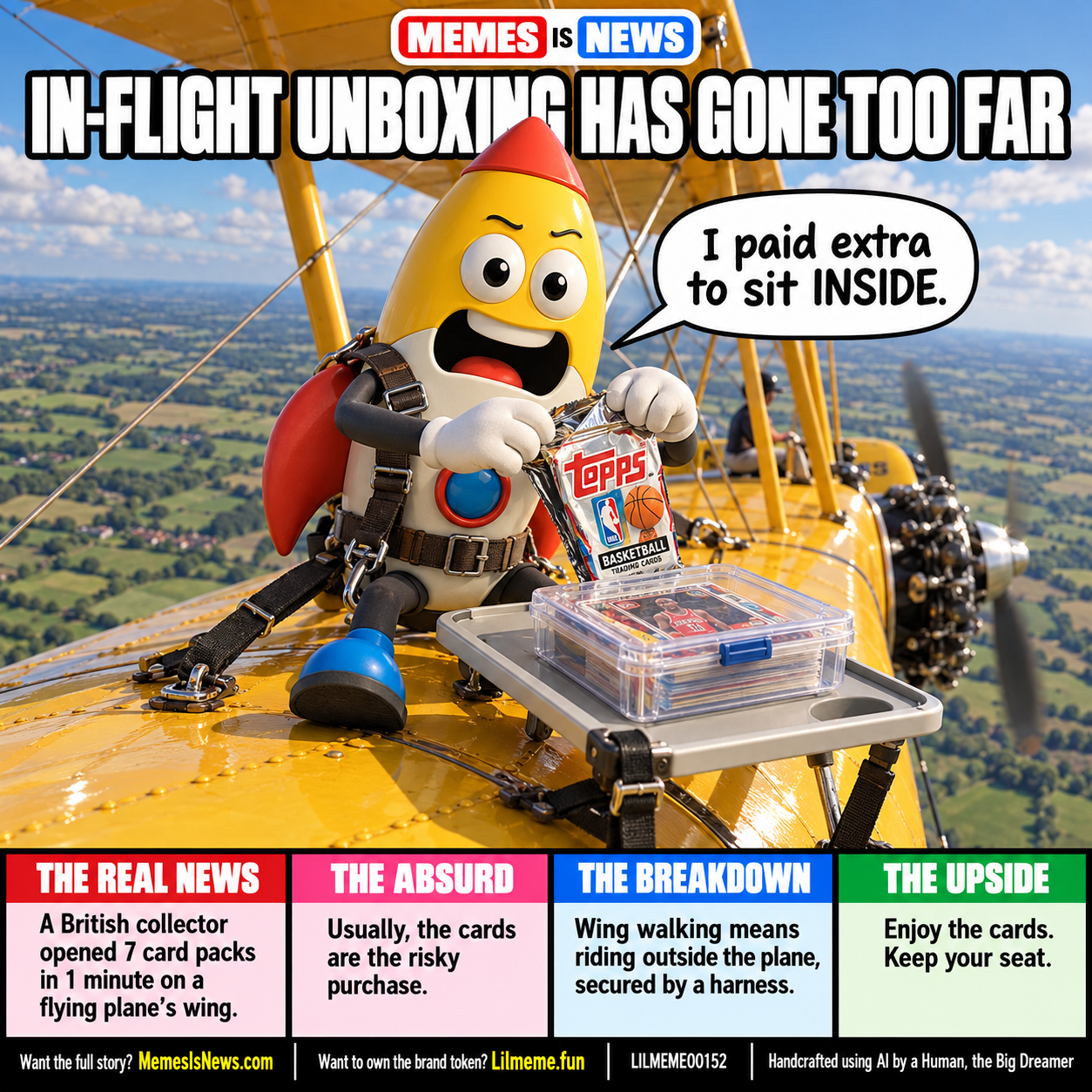Memes Is News card LILMEME00152: IN-FLIGHT UNBOXING HAS GONE TOO FAR Lil'meme says: I paid extra to sit INSIDE.