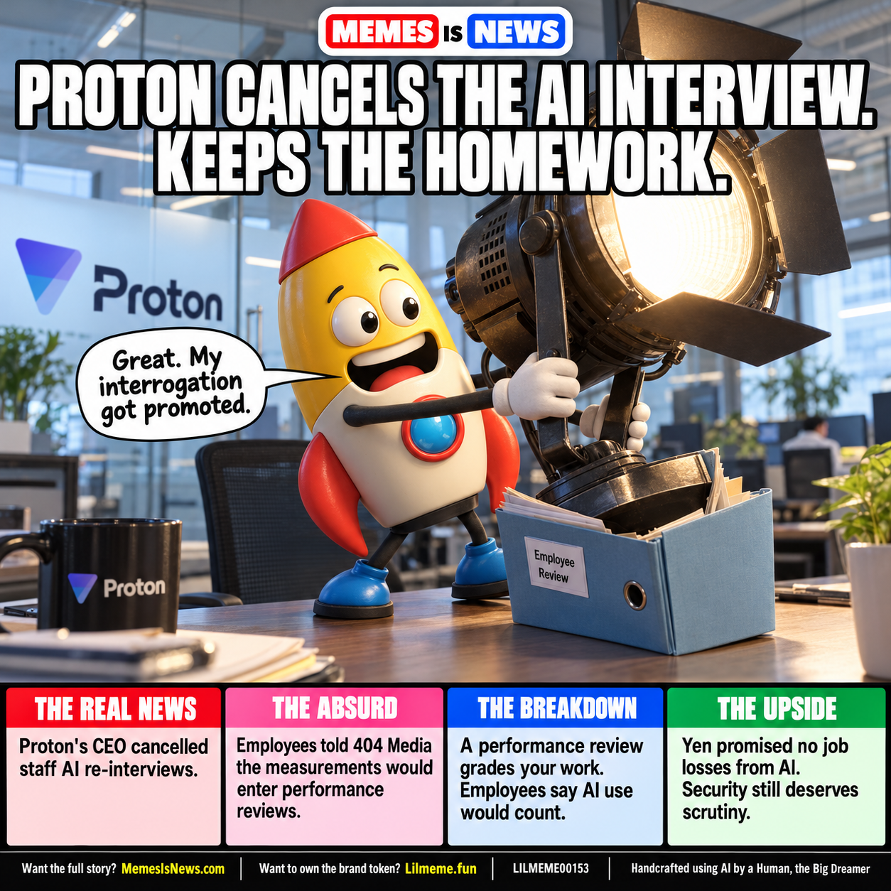 Memes Is News card LILMEME00153: PROTON CANCELS THE AI INTERVIEW. KEEPS THE HOMEWORK. Lil'meme says: Great. My interrogation got promoted.