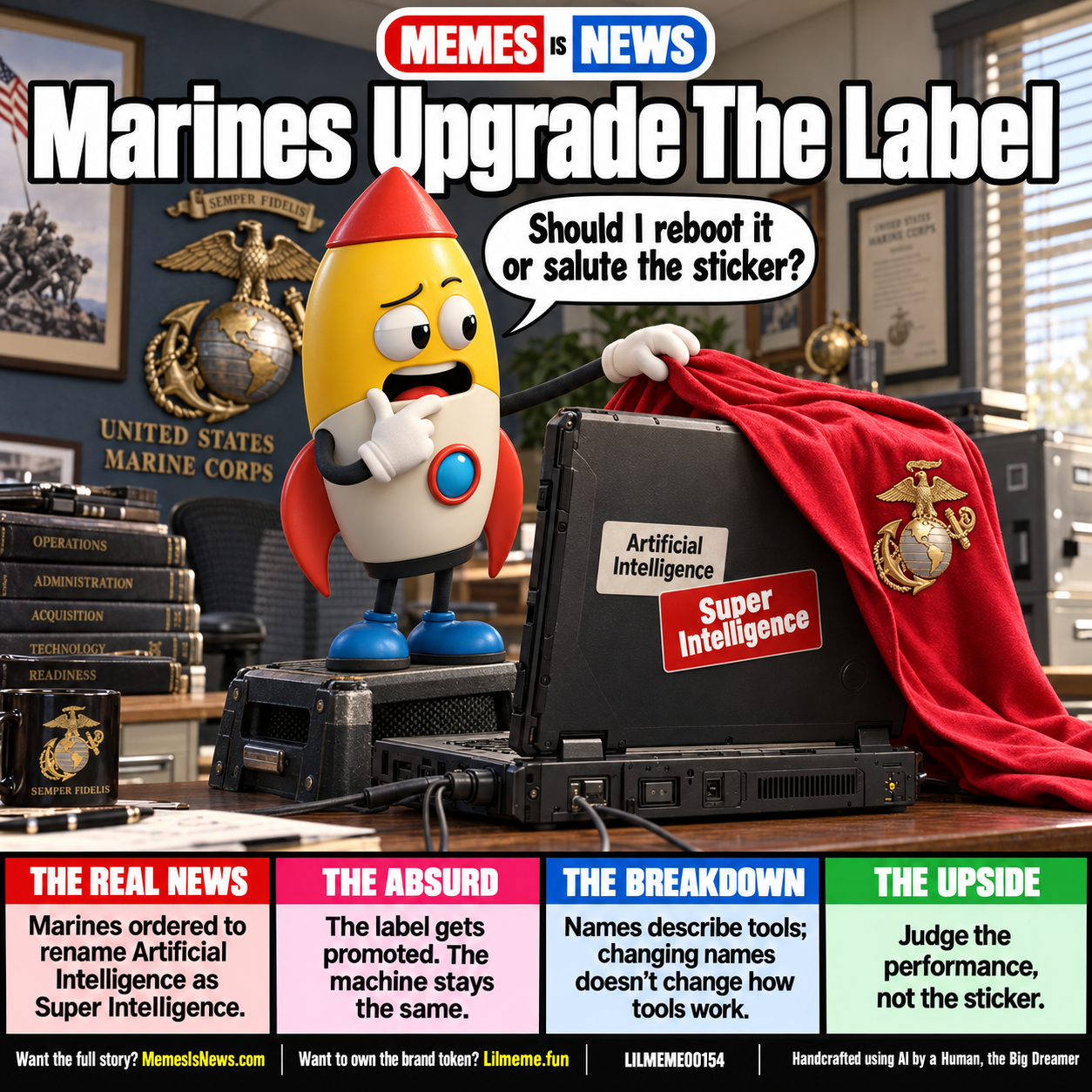 Memes Is News card LILMEME00154: Marines Upgrade The Label Lil'meme says: Should I reboot it or salute the sticker?