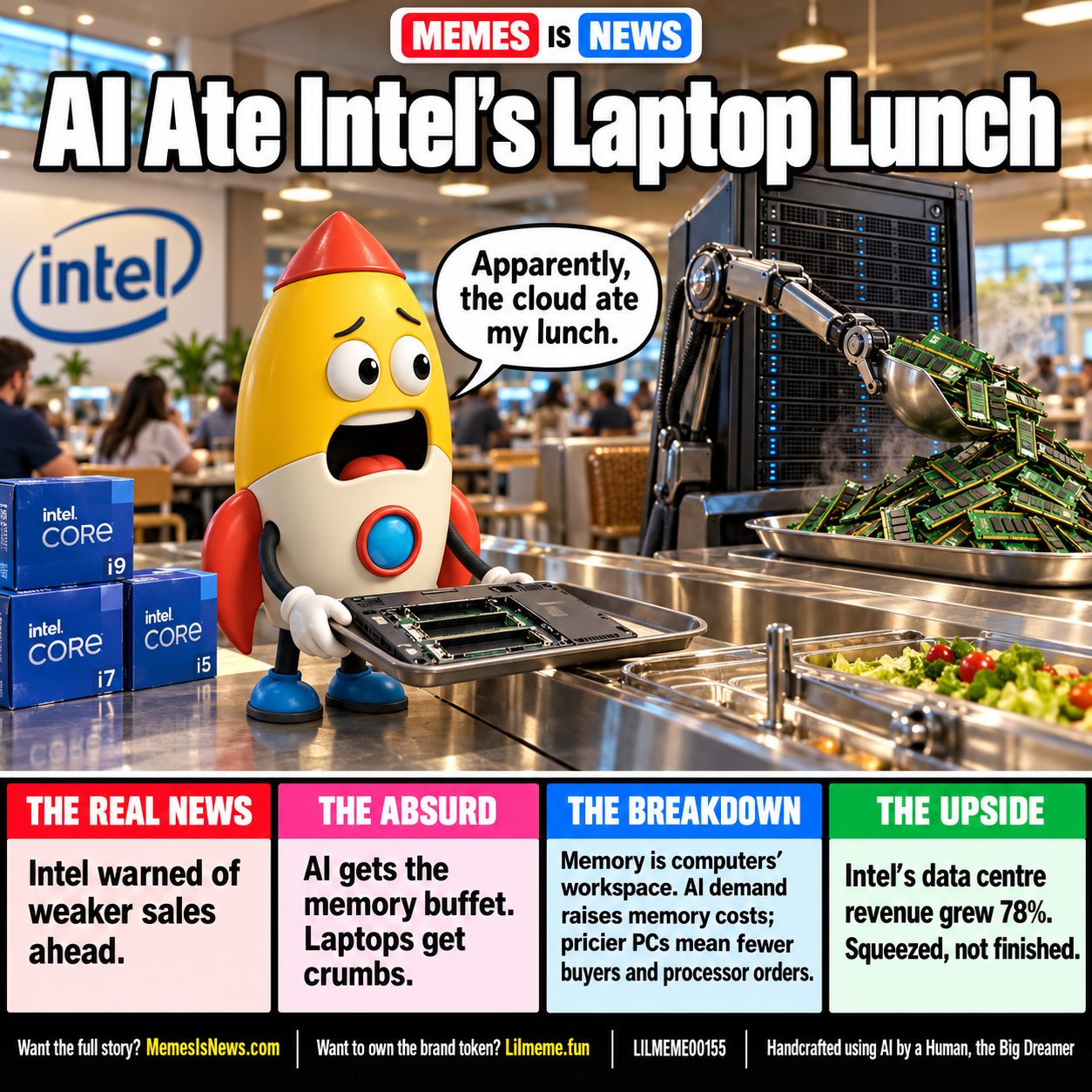 Memes Is News card LILMEME00155: AI Ate Intel's Laptop Lunch Lil'meme says: Apparently, the cloud ate my lunch.