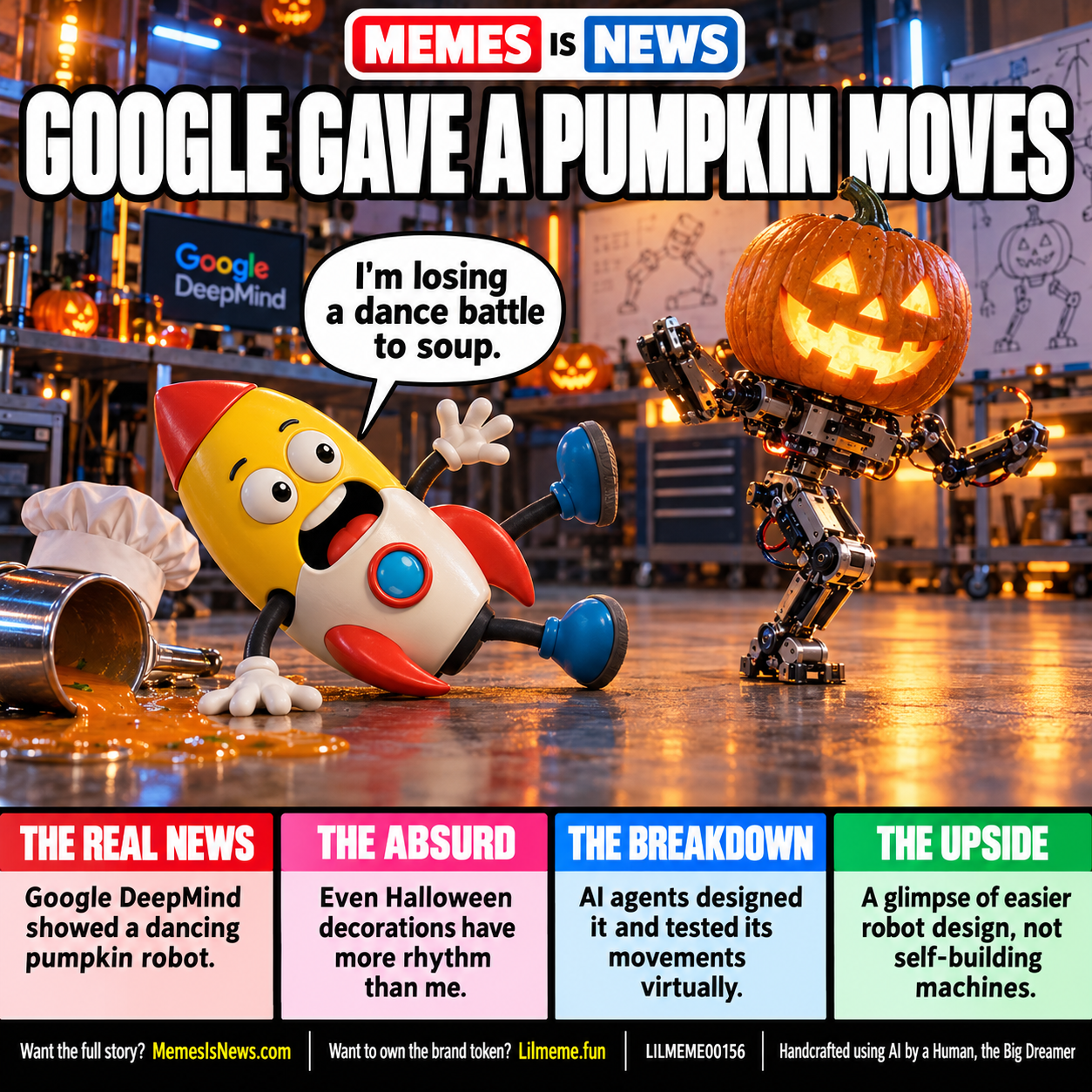 Memes Is News card LILMEME00156: GOOGLE GAVE A PUMPKIN MOVES Lil'meme says: I'm losing a dance battle to soup.