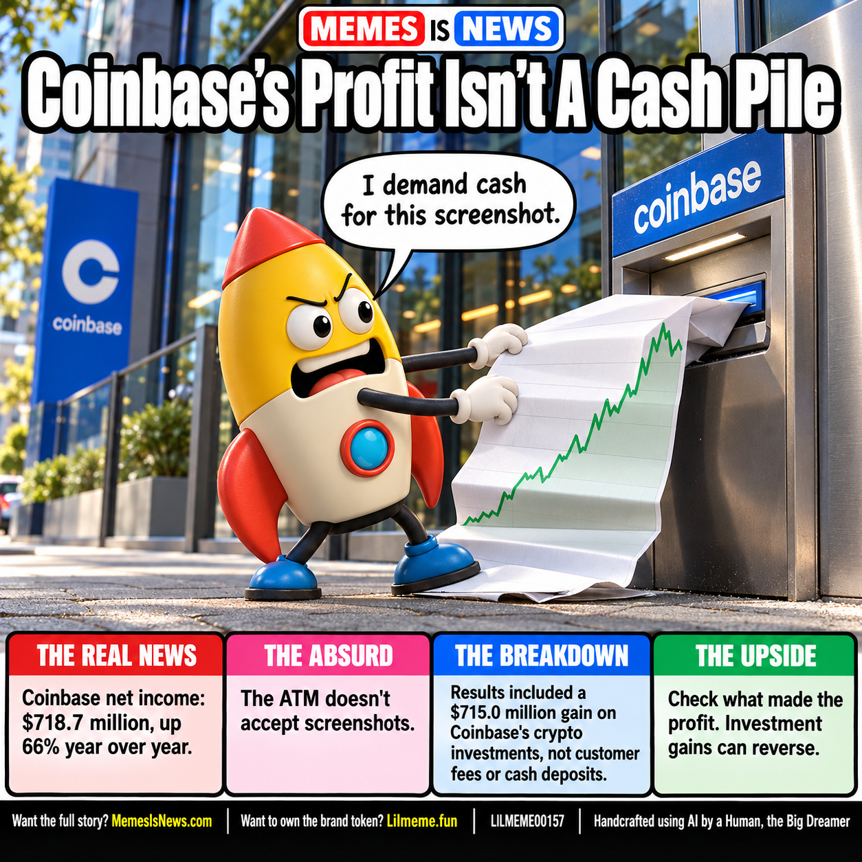 Memes Is News card LILMEME00157: Coinbase's Profit Isn't A Cash Pile Lil'meme says: I demand cash for this screenshot.