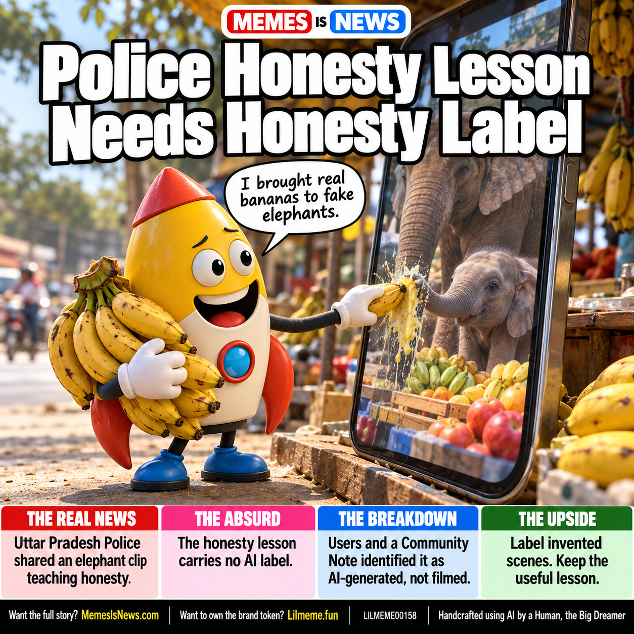 Memes Is News card LILMEME00158: Police Honesty Lesson Needs Honesty Label Lil'meme says: I brought real bananas to fake elephants.