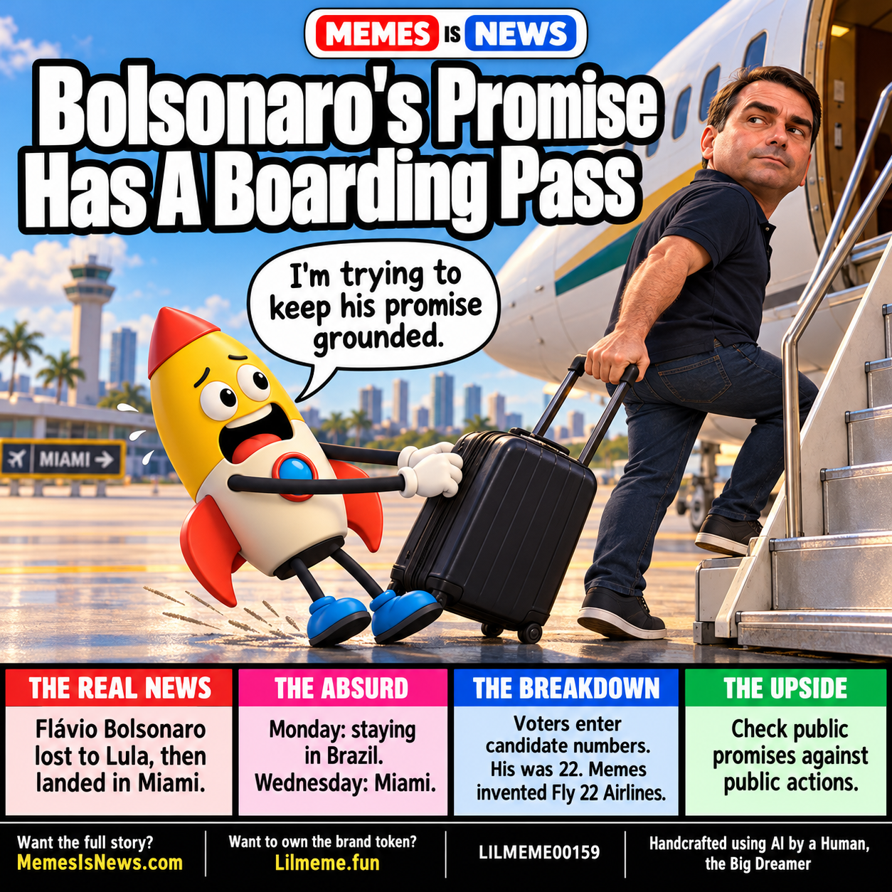 Memes Is News card LILMEME00159: Bolsonaro's Promise Has A Boarding Pass Lil'meme says: I'm trying to keep his promise grounded.