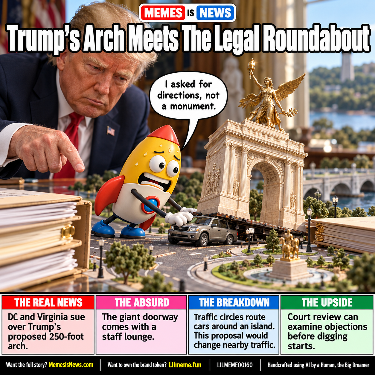 Memes Is News card LILMEME00160: Trump's Arch Meets The Legal Roundabout Lil'meme says: I asked for directions, not a monument.