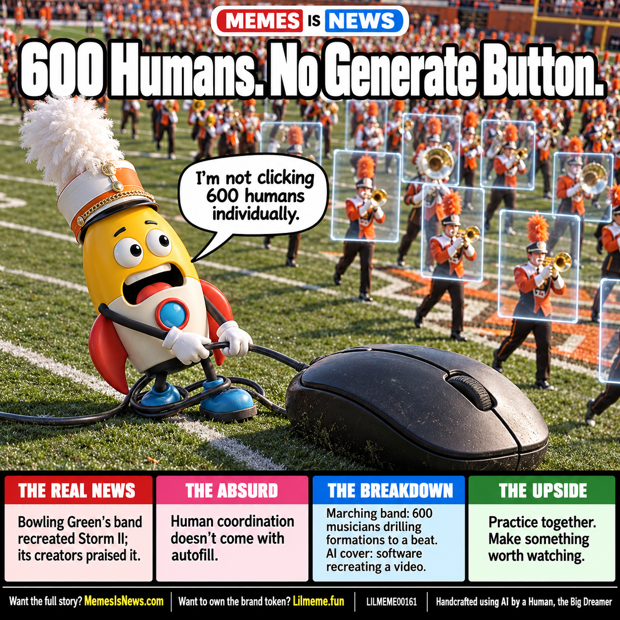 Memes Is News card LILMEME00161: 600 Humans. No Generate Button. Lil'meme says: I'm not clicking 600 humans individually.