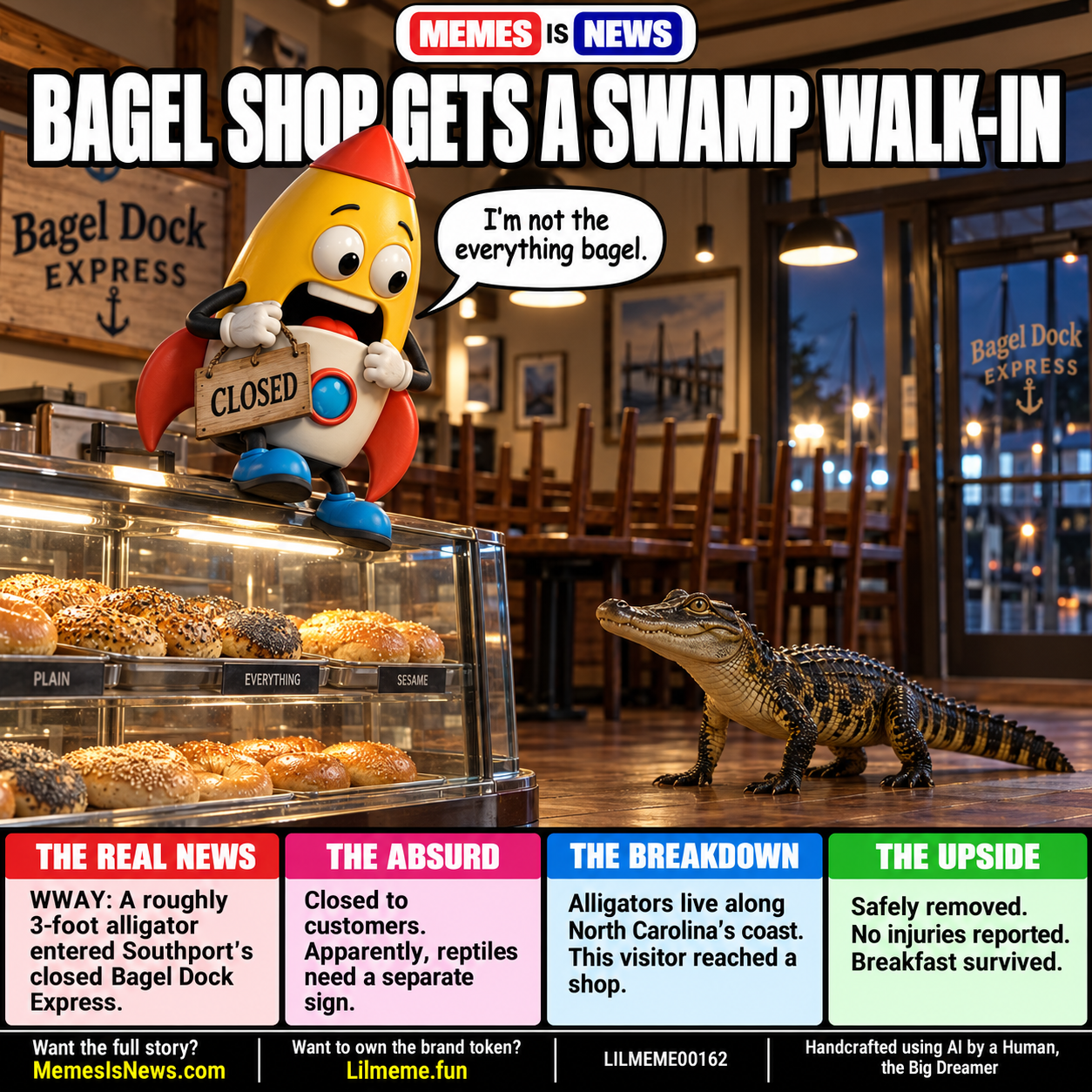 Memes Is News card LILMEME00162: BAGEL SHOP GETS A SWAMP WALK-IN Lil'meme says: I'm not the everything bagel.